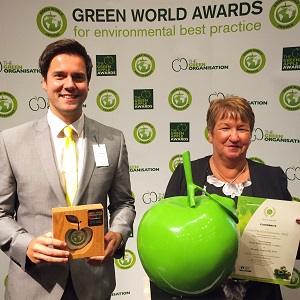 Nik Wyers (left), Joint Managing Director at Floorbrite, and Trudie Williams (right), Waste & Environmental Consultant, collect their awards at a ceremony at the Houses of Parliament.